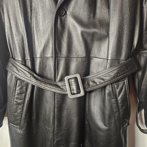 Vtg Baracuta Trench Coat Black Leather Collared Double Breasted Belt Lined Large - Picture 6 of 16